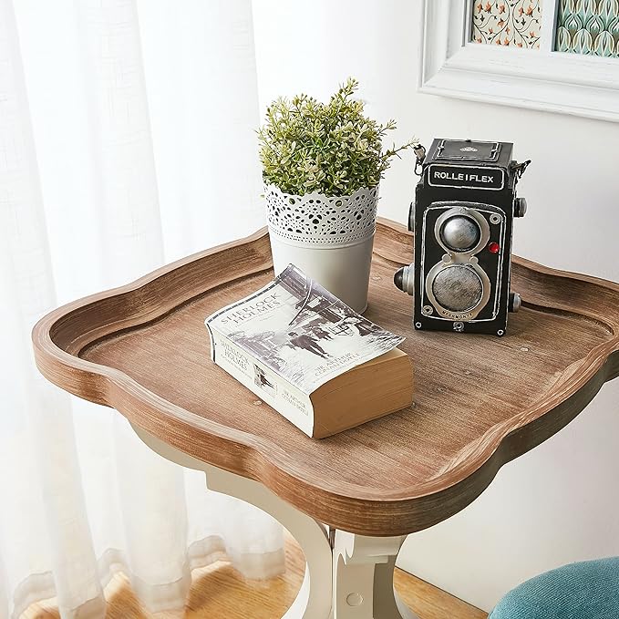 COZAYH Set of 2 Farmhouse Cottagecore End Tables, Rustic Wood Tray Top Square Accent Table with White Curved Legs for Family Room, Living Room, or Small Spaces