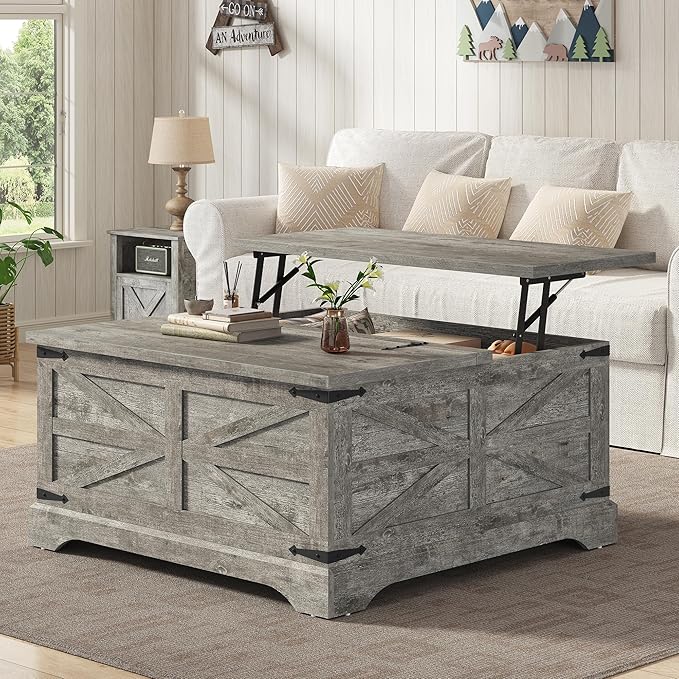 Furnideco 35.5''W Square Coffee Table Farmhouse Lift top Coffee Table with Large Hidden Storage, Wood Center Table for Living Room, Home Office, Rustic Grey