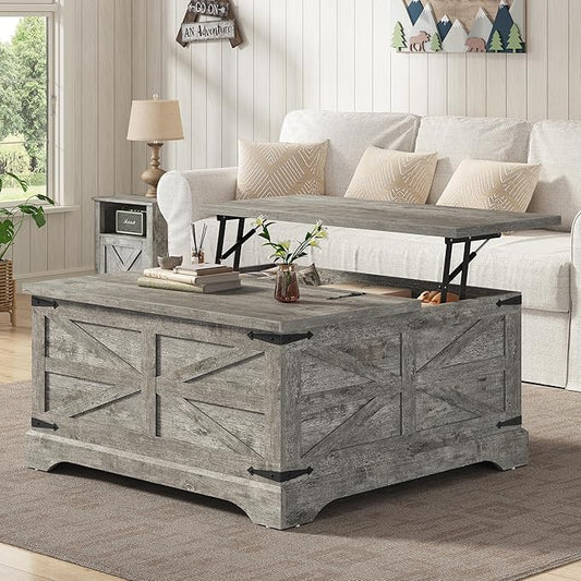 Furnideco 35.5''W Square Coffee Table Farmhouse Lift top Coffee Table with Large Hidden Storage, Wood Center Table for Living Room, Home Office, Rustic Grey