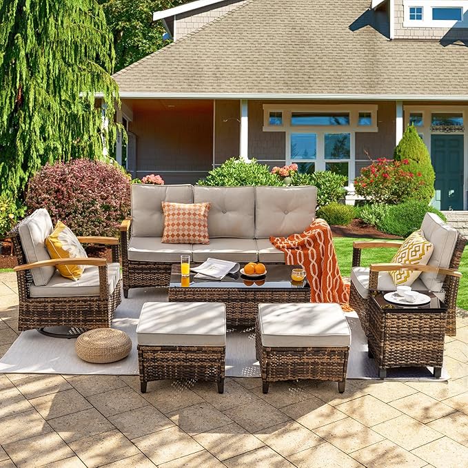 MEISSALIVVE 7 Pieces Patio Furniture Sets,Wicker Patio Conversation Sets with 2 Wood Armrests Swivel Glide Chairs, 2 Ottoman, 3-seat Sofa and Coffee Table (Beige)