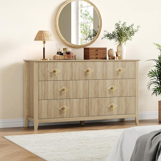 GarveeHome Fluted Dresser for Bedroom, 54 Inch Wide 7-Drawer Wood Dresser, Modern Chest of Drawers, Storage Organizer Cabinet for Living Room, Hallway, Entryway, Natural - Image 7