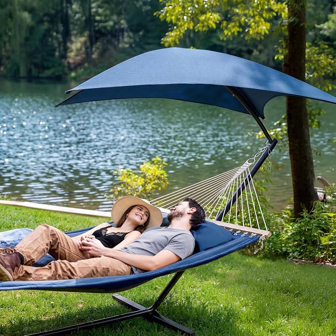 SUNCREAT Hammocks for Outside with Stand, Sunshade, Porch Hammock and Stand, 475 lbs Capacity, Patent Pending, Navy - Image 2
