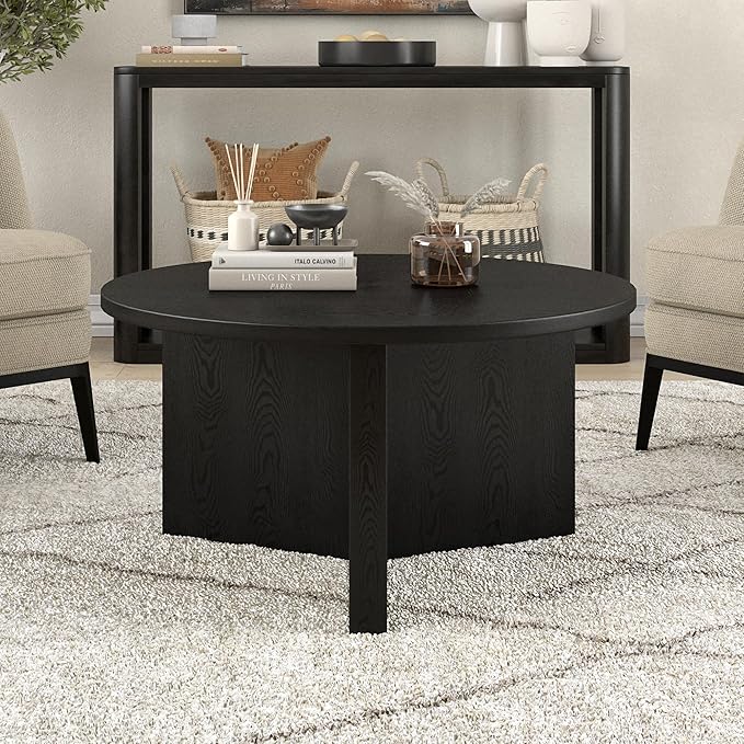 Henn&Hart 32" Round Wood Pedestal Coffee Table for Living Room, Family Room, Office, or Apartment, Natural Black