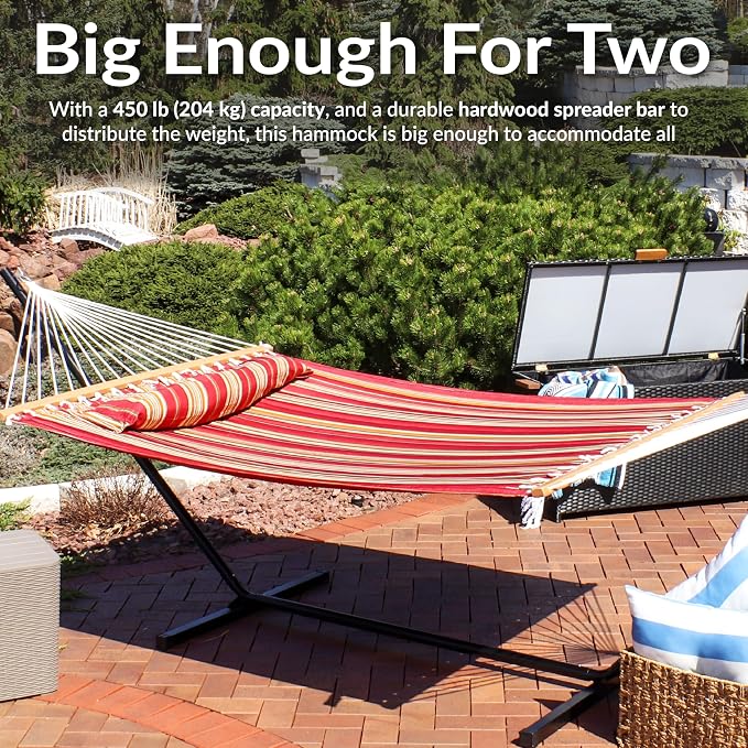 Sunnydaze Quilted Double Hammock for Outside with Spreader Bars and Pillow - 450 lb Capacity, 74x55 Inch Bed, UV Resistant, Quick Dry - Chains Included, Stand Sold Separately - Red Stripe - Image 6