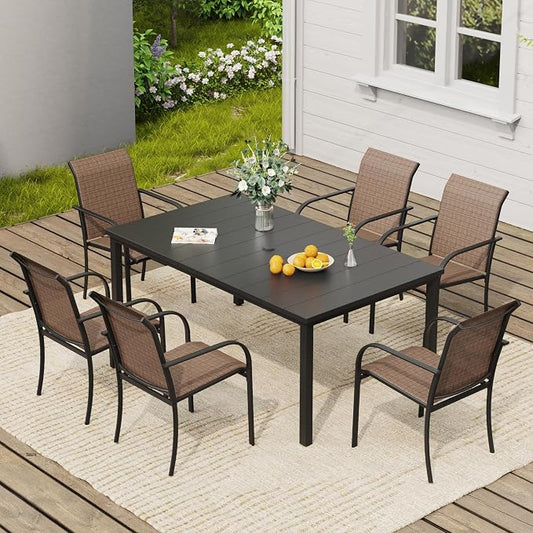 VICLLAX 7 Pieces Patio Dining Set, Patio Furniture Set of 6 Patio Stackable Dining Chairs and Outdoor Metal Table with Umbrella Hole for Backyard Lawn Garden, Brown Chairs and Black Table by HOME