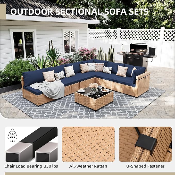 UPHA 7 Pieces Patio Furniture Sets, Wicker Outdoor Sectional Sofa Couch with Coffee Table, Patio Conversation Set for Deck Backyard Garden, Beige Rattan, Navy Blue Cushion