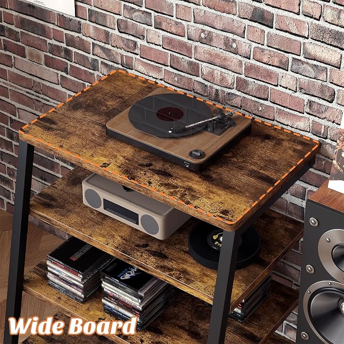 Besiost AV Media Stand with Outlets, Media Console with LED Lights, Stereo Racks and Stands with Storage Shelves, Media Audio Tower Cabinet, Rustic Brown - Image 4