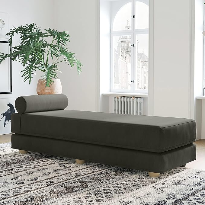 Jaxx Alon Daybed - Fold-Out Sleeper Chaise with Premium Memory Foam Queen-Size Mattress - Made in The USA -Charcoal