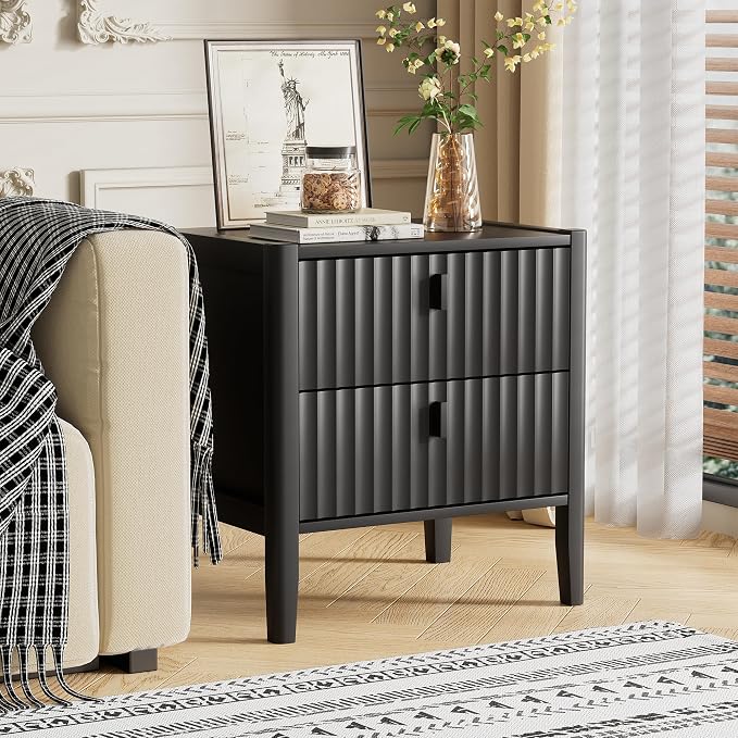 Furniway Nightstand Set of 2, Modern End Table with Solid Wood Legs, Bedside Table with 2 Drawers and Metal Handles for Bedroom, Black - Image 6
