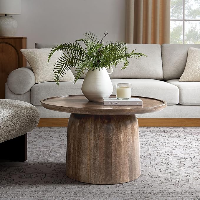 Modway Holloway 30 Inch Round Mango Wood Coffee Table in Walnut – Contemporary Circle Drum for Living Room – Mid-Century Modern Table with Solid Tabletop