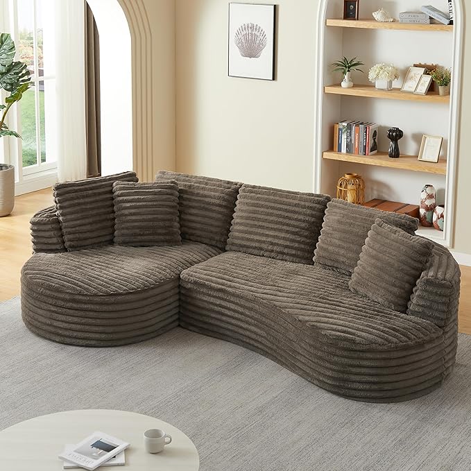 Plush Corduroy Cloud Sectional Sofa with Curved Chaise, Oversized 2 Pieces Modular Lounge Sofa with Deep Seat, Upholstered Sponge Compressed Couches for Living Room Bedroom,No Assembly Required