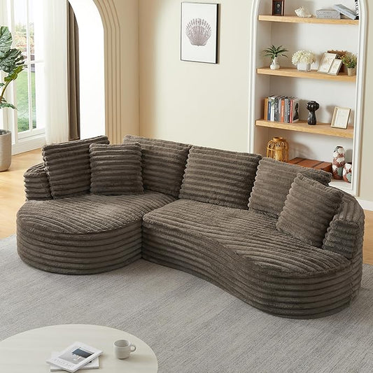 Plush Corduroy Cloud Sectional Sofa with Curved Chaise, Oversized 2 Pieces Modular Lounge Sofa with Deep Seat, Upholstered Sponge Compressed Couches for Living Room Bedroom,No Assembly Required