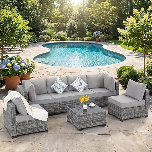 Patio Outdoor Furniture Set 7 Pieces Rattan Wicker Sectional Sofa Couch Conversation Set with Table for Deck Lawn, Light Grey Wicker/Light Grey Cushion
