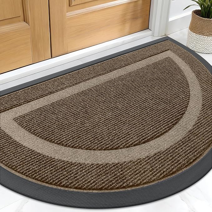 OLANLY Half Circle Door Mat Indoor Outdoor Entrance Welcome, Waterproof All-Season, All-Weather Doormat, Sturdy Natural Rubber, Low Profile, Easy Clean Patio Porch Entryway Mat, 29.5x17, Brown by OLANLY