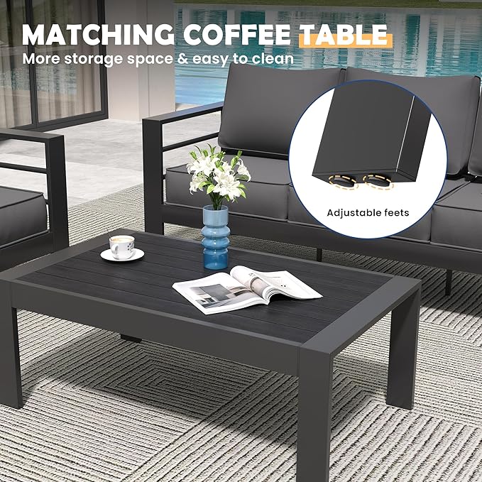Amopatio Aluminum Patio Furniture Set, 6 Pieces Modern Patio Conversation Sets, Outdoor Sectional Metal Sofa with Coffee Table for Balcony, Garden, Dark Grey (Included Waterproof Covers)
