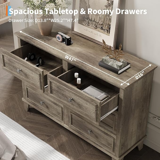 GAOMON Dresser for Bedroom, 6 Drawer Wide Dresser Storage Organizer, Modern Wooden Chest of Drawers with Metal Handles for Hallway, Entryway, Home Office, Grey - Image 5
