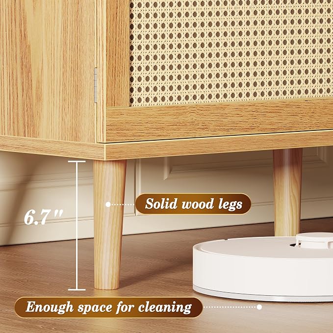 SUPERJARE Boho TV Stand for 65 Inch TV, Entertainment Center with Adjustable Shelf, Rattan TV Console with 2 Cabinets, Media Console, Solid Wood Feet, 4 Cord Holes, for Living Room - Natural - Image 6