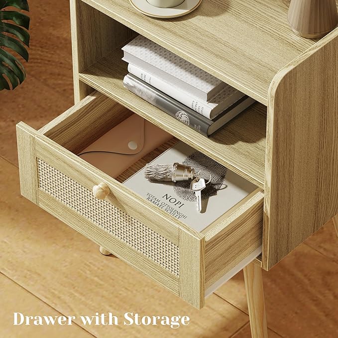 SUPERJARE Nightstand with Charging Station & Rattan-Like Decor Drawer, Rattan End Table with Solid Wood Feet, Bed Side Table with Open Storage, for Bedroom, Living Room, Dormitory - Natural - Image 5