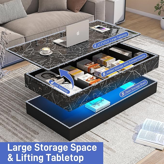 47.2" Large Lift Top Coffee Table, Modern LED High Glossy Coffee Table with Charging Station, Lights, Hidden Compartment Storage, Lift Center Tables for Living Room, Home Office, Black