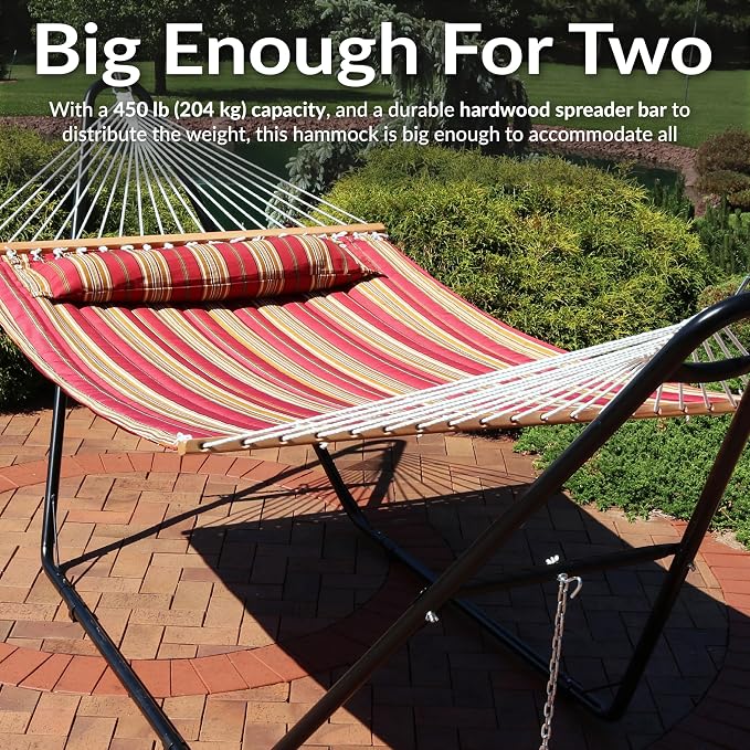 Sunnydaze Double Quilted Fabric Hammock with Universal Steel Stand - 450-Pound Capacity - Black Stand - Red Stripes - Image 4