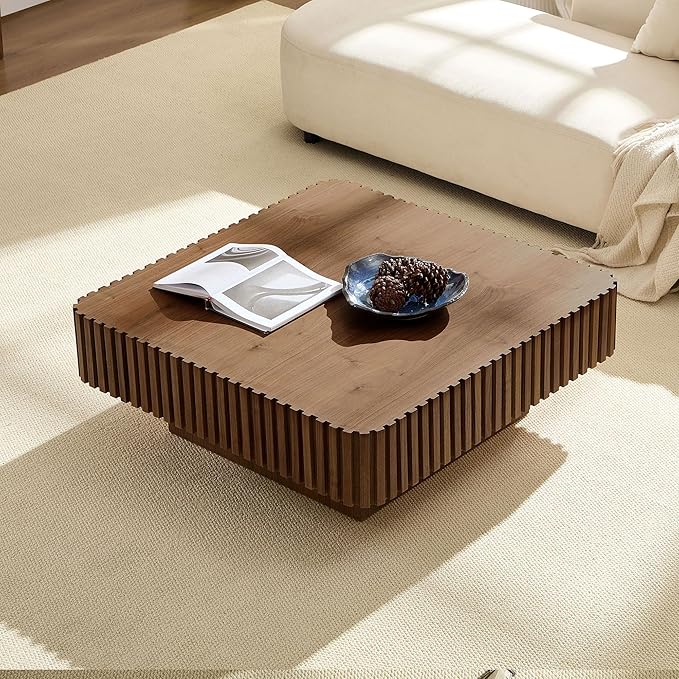 WILLIAMSPACE 35.43" Square Coffee Table with Sturdy Base, Modern Luxury Wood Drum Center Table Accent End Side Table for Living Room, Minimalist Fluted Design, Walnut