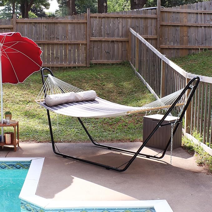 Sunnydaze Double Quilted Fabric Hammock with Universal Steel Stand - 450-Pound Capacity - Black Stand - Mountainside - Image 8