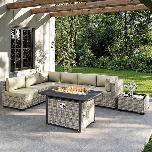 8-Piece Outdoor Patio Furniture Set with 55,000 BTU Fire Pit Table, PE Wicker Rattan Sectional Sofa Conversation Set - All-Weather Garden, Backyard Furniture, White