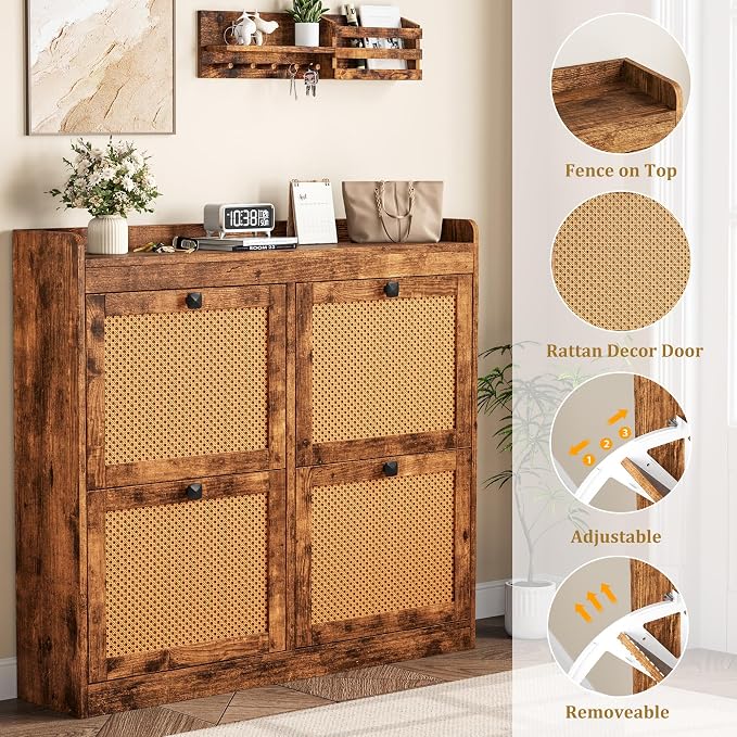 GarveeHome Shoe Cabinet Rattan with 4 Flip Drawers, Wooden Freestanding Shoe Organizer with Adjustable Shelves, Shoe Storage for Entryway, Closet, Hallway - Image 5