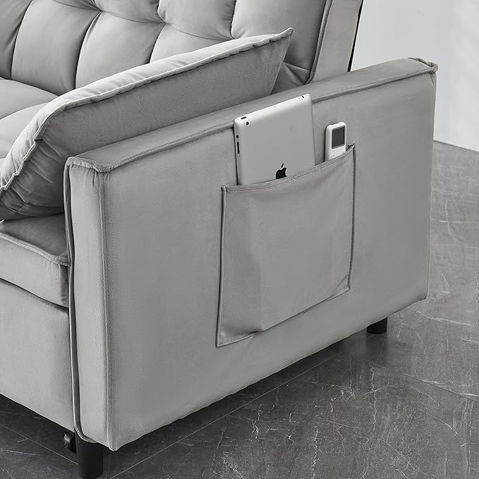 55" Modern Velvet Loveseat Sleeper Sofa, 3-in-1 Convertible Pull-Out Bed with Adjustable Backrest, 2 Pillows & Side Pockets, Small Pull Out Couch for Living Room, Apartment(Gray)