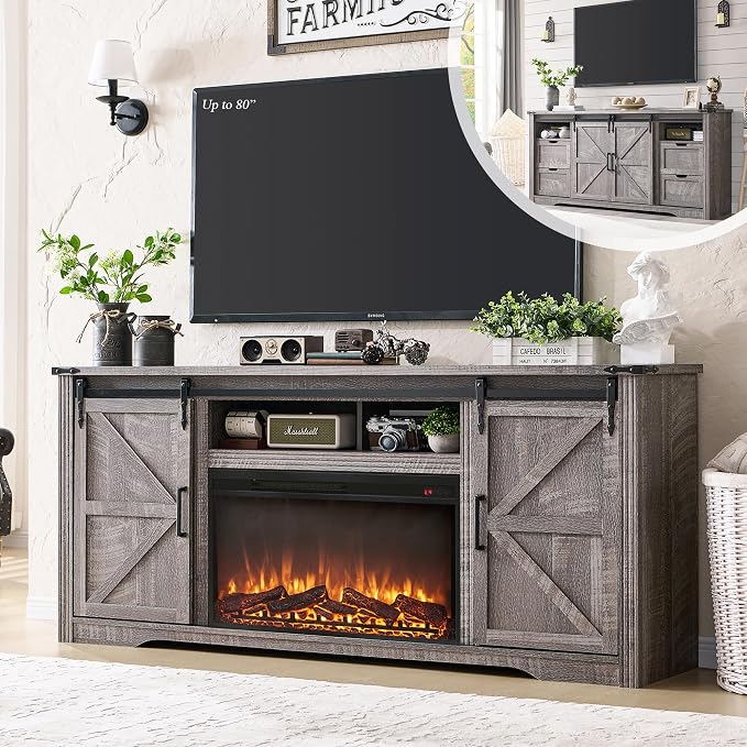 JXQTLINGMU Farmhouse Fireplace TV Stand for 80 Inch TV, 32" Tall Entertainment Center w/Drawer & Sliding Barn Door, 70 Inch Highboy Media Console for Living Room, Grey Wash by JXQLINGMUFurniture
