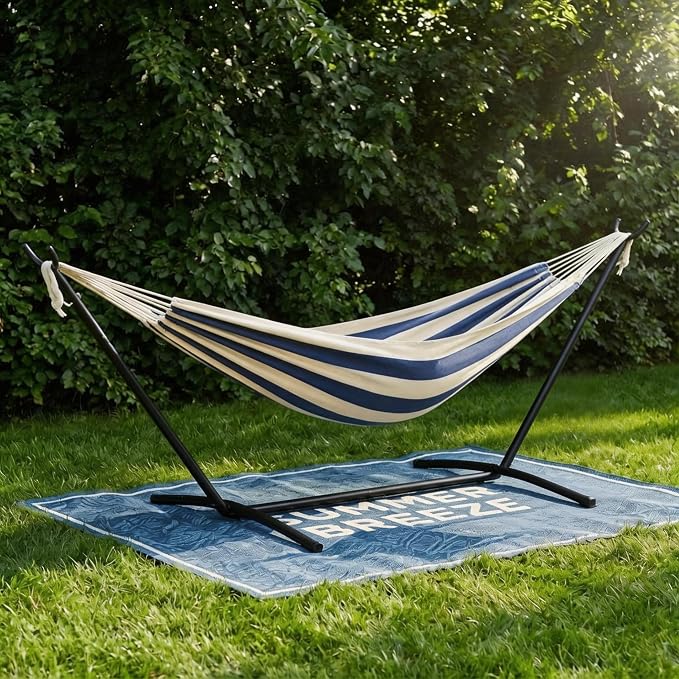 Double Hammock with Steel Stand - 2 Person Hammock Bed Indoor Outdoor, Brazilian-Style, with Carry Bag, 450lb Capacity, Portable & Easy Assembly, Blue&White by IDEALHOUSE