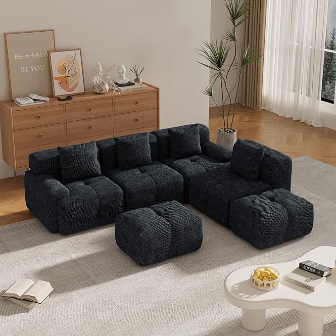 135" U-Shaped Compressed Sectional Cloud Sofa, Flannel Upholstered Modular Tufted Sofa with 6 Pieces, Symmetrical Boneless Foam Modular Cloud Couches for Living Room