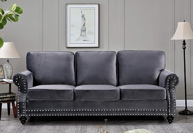Lotus Mid Century Modern Velvet Upholstered Living Room Rolled Arms, Chair, Loveseat and Sofa, Grey