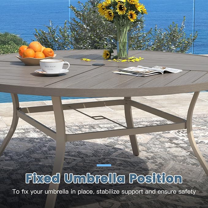 DIFY 9 Pieces Outdoor Patio Dining Set for 8, 53.1" Grey Wood-Like Round Metal Dining Table and 8 Sandshell Stackable Textilene Patio Chairs, Outdoor Table and Chairs for Backyard Garden Poolside - Image 4
