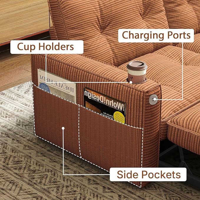 Rovibek 73.2" Convertible Sofa Bed, Pull Out Couch with USB Charging Port & Cup Holders, Adjustable Backrest, Side Pockets, Modern Corduroy Sleeper Sofa for Living Room, Bedroom, Apartment, Orange