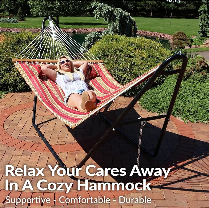 Sunnydaze Double Quilted Fabric Hammock with Universal Steel Stand - 450-Pound Capacity - Black Stand - Red Stripes - Image 2