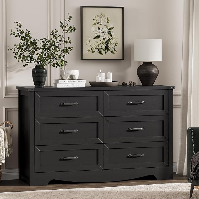 Dresser for Bedroom with 6 Drawers, 48" Wide Wood Chest of Drawers with Deep Drawers & Mental Handle, Modern Dresser TV Stand, Wooden Closet Storage Organizer for Living Room, Hallway, Entryway, Black - Image 8