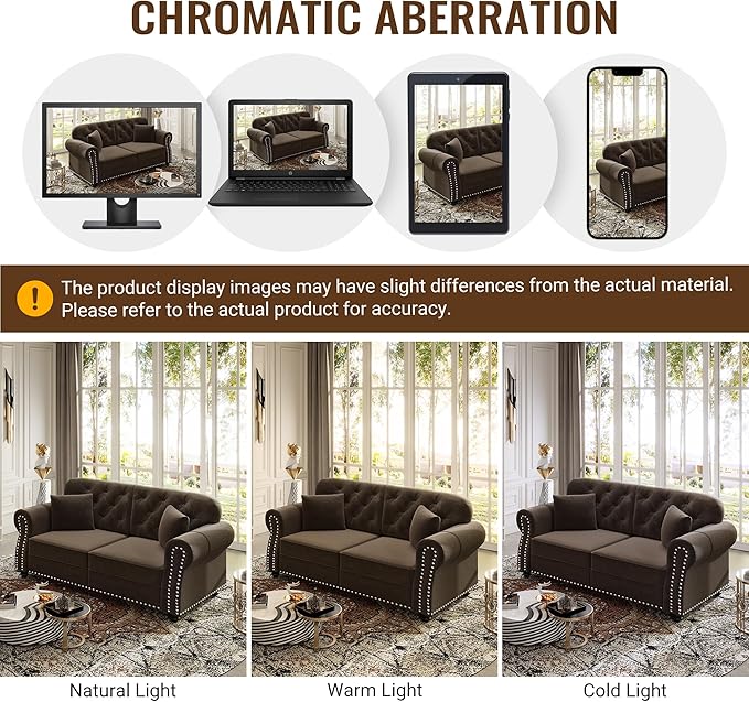 KEIKI 83" Velvet Chesterfield Sofa with Rolled Arms & Nailhead Trim & 3 Ottoman, Modern 3-Seater Button Tufted Couch with High Resilience Cushion & 3 Pillow, Easy Assembly, for Living Room, Brown