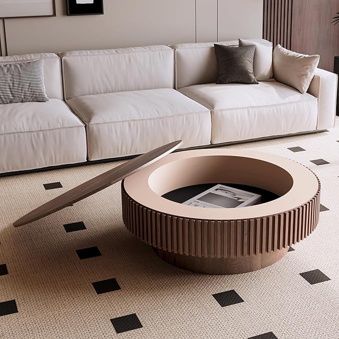 39'' Round Coffee Table with Storage, Modern Wooden Coffee Table with Solid Wood Veneered, Circle Center Table Accent Tea Table for Living Room Apartment Walnut