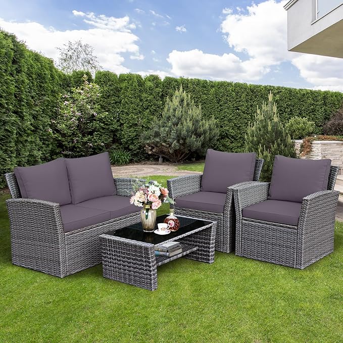 COSTWAY 4 Pieces Patio Rattan Furniture Set, Outdoor Wicker Sofa Set with Tempered Glass Coffee Table, Cushions, All Weather Rattan Conversation Set for Yard Balcony Backyard Pool (Grey)