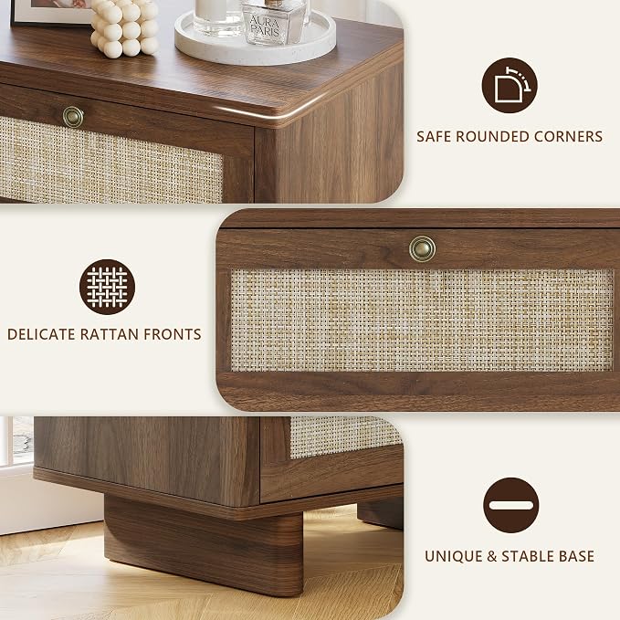 LAZZO Nightstands Set of 2 Large Night Stands 23.6" Wide Bedside Table Set of 2 with 2 Rattan Drawers and Bronze Ring Handles for Bedroom Walnut - Image 7