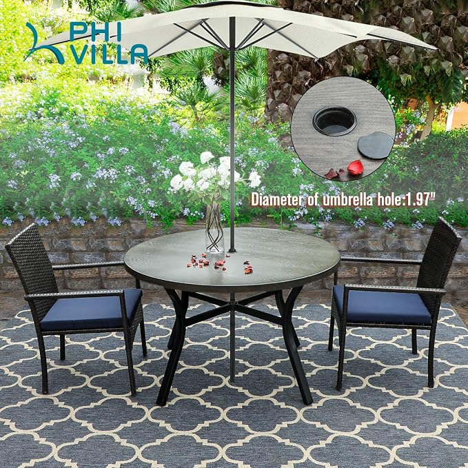 PHI VILLA 44 Inch Large Metal Round Table for 4, Wood-Like Top Patio Table with Umbrella Hole, Large Modern Furniture for Deck, Porch, Yard - Black - Image 5