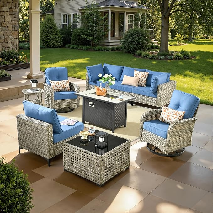 9 Pcs Patio Furniture with Fire Pit Table, Outdoor Rattan Wicker Conversation Set with Glowing Coffee Table, Comfy Sectional Sofa for Porch Balcony Backyard Pool, Light Blue
