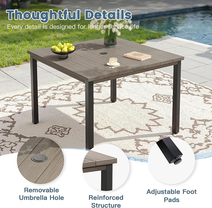 DIFY 5 Pieces Outdoor Patio Dining Set for 4, 40.2" Grey Wood-Like Square Metal Dining Table and 4 Grey Stackable Textilene Patio Chairs, Outdoor Table and Chairs for Backyard Garden Poolside - Image 2