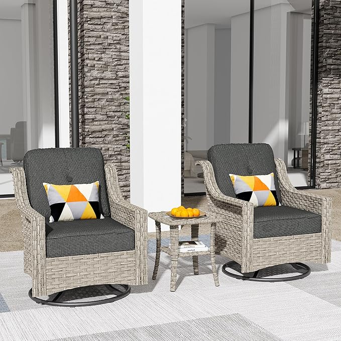 HOOOWOOO 3 Piece Patio Furniture Bistro Sets,Outdoor Wicker Swivel Rocking Chairs with Table Set,All Weather Resistant High Back Rattan Conversation Set(Black)