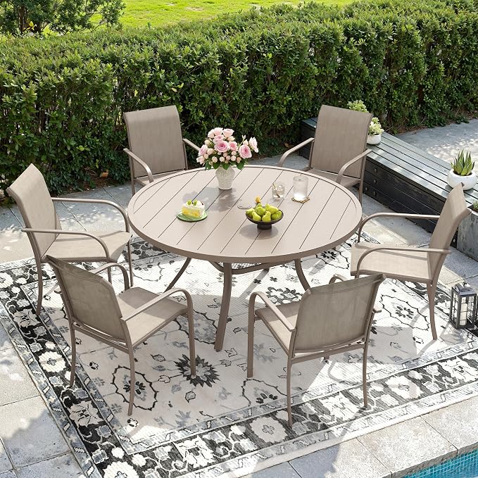 DIFY 7 Pieces Outdoor Patio Dining Set for 6, 47.2" Sandshell Round Dining Table and 6 Sandshell Stackable Sling Dining Chairs, Metal Outdoor Table and Chairs for Lawn Garden Backyard Deck by DIFY