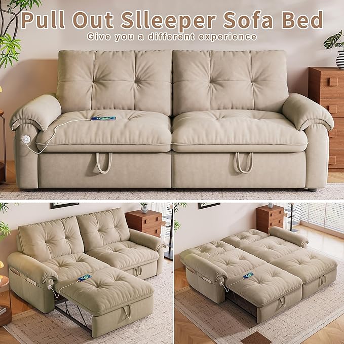 KEIKI 77" Modular Sectional Sofa with Pull-Out Bed, Convertible Sleeper Sofa Bed, 3-Seater Sleeper Sofa Couch for Living Rooms, Bedroom, Apartment, Brown