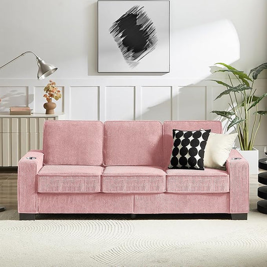 83" Modern Cloud Sofas for Living Room Bedroom, 3 Seat Modular Couch Soft Corduroy Upholstered Loveseat Couches with Cupholders for Home Apartment Office Studio