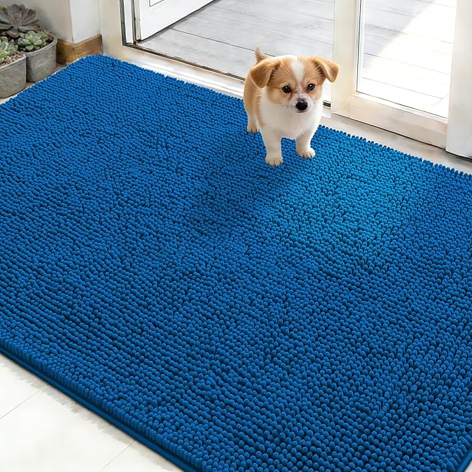 OLANLY Dog Door Mat for Muddy Paws 50x30, Absorbs Moisture and Dirt, Absorbent Non-Slip Washable Doormat, Quick Dry Chenille Mud Mat, Entry Indoor Entryway Carpet for Inside Floor, Deep Navy Blue by OLANLY