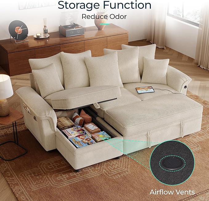 LINSY HOME 90.5'' Sectional Sleeper Sofa with Pull Out Couch Bed Modular (Beige, 90.5'') | USB Charging, Pillow-style Armrest, Multiple Cushions, Storage Chaise, Corduroy Fabric